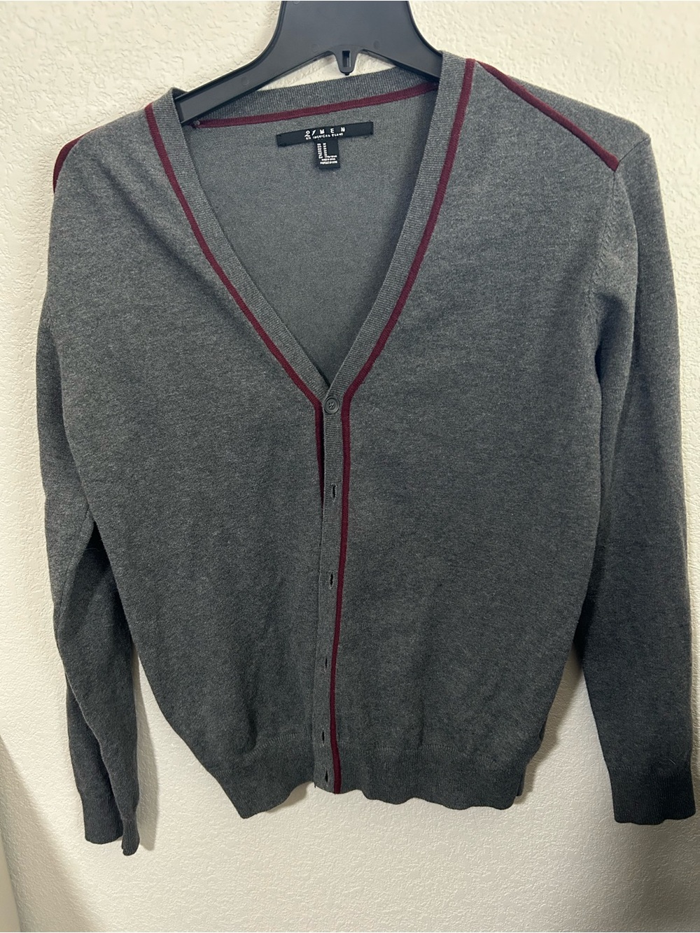 21MEN Gray V-Neck Sweater with Burgundy Trim